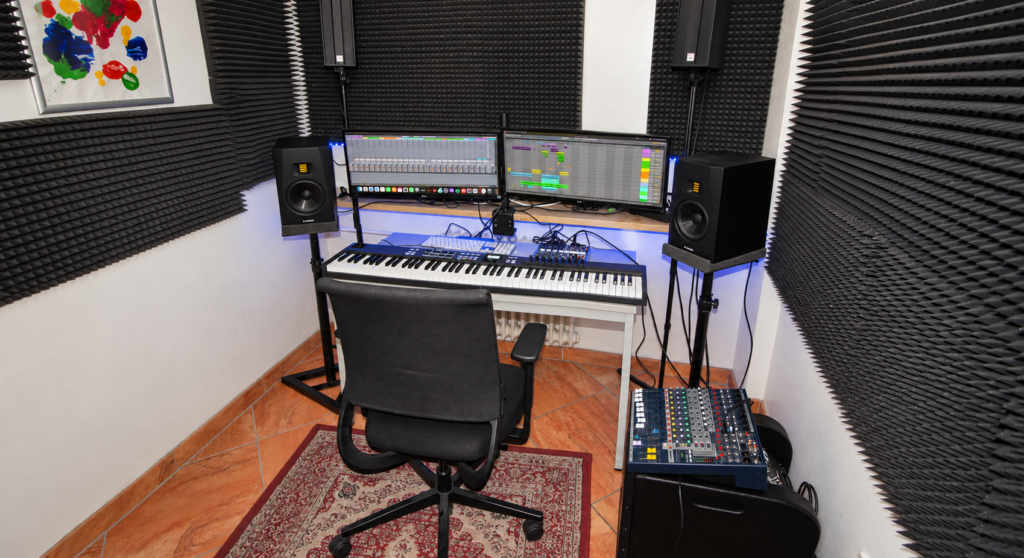 Musikproduktionsraum PRW 23 mit zwei Monitoren, Keyboard, Lautsprechern und Mischpult